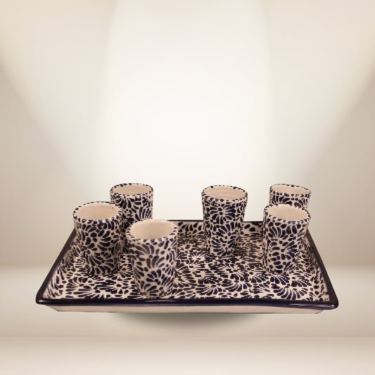 Hand-Painted Talavera Shot Glasses & Tray Set - 7 Pieces | Authentic Mexican Pottery