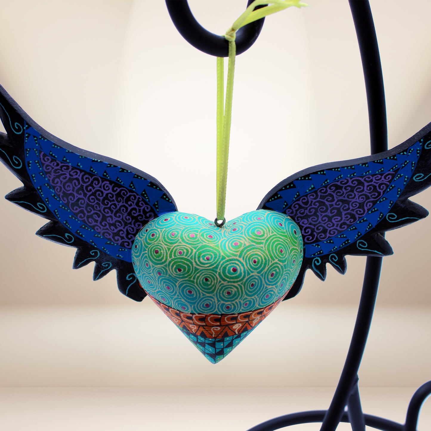 Wood carved heart green Alebrije ALB-034