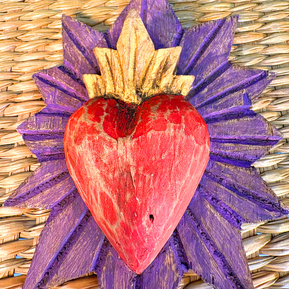 Carved wood heart hand painted