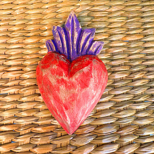 Carved wood heart hand painted.