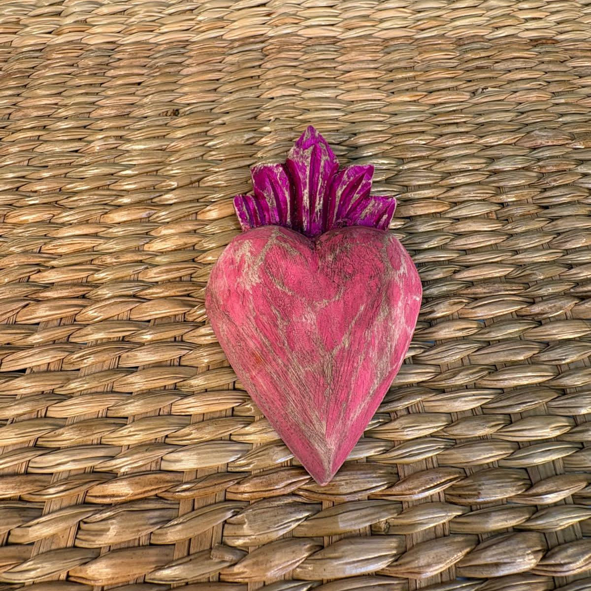 Carved wood heart hand painted.